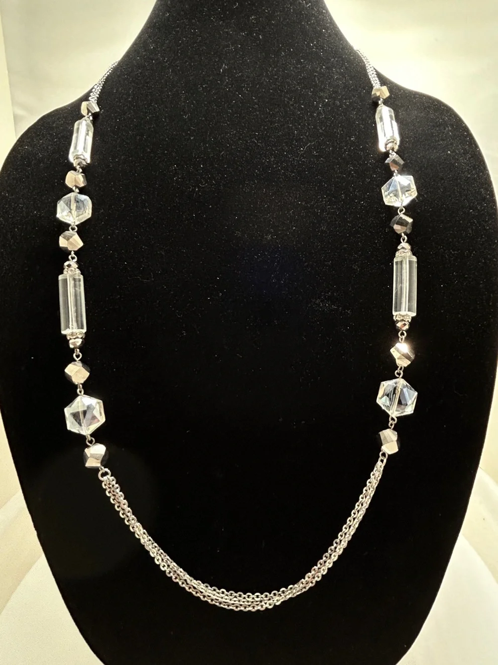 LOFT, Silver, Clear Lucite And Crystal Long Necklace